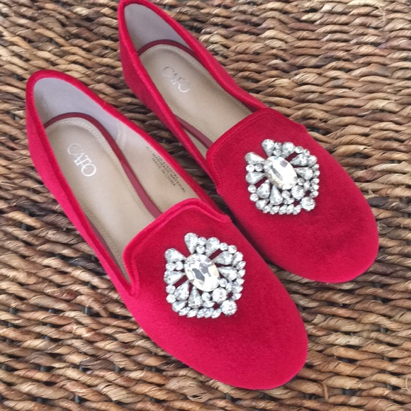 LAST PAIR!  Size 7 red velvety rhinestone  flats - Picture 2 of 7